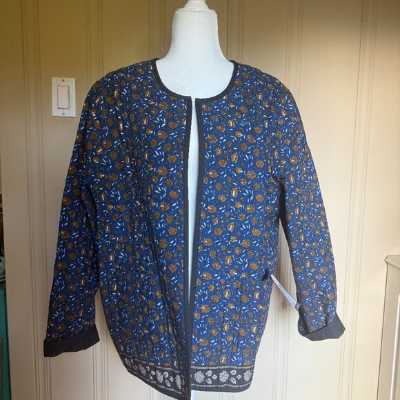 J Jill Quilted Reversible Cotton Jacket Blockprint India Black Blue Brown sz XL - Picture 2 of 10